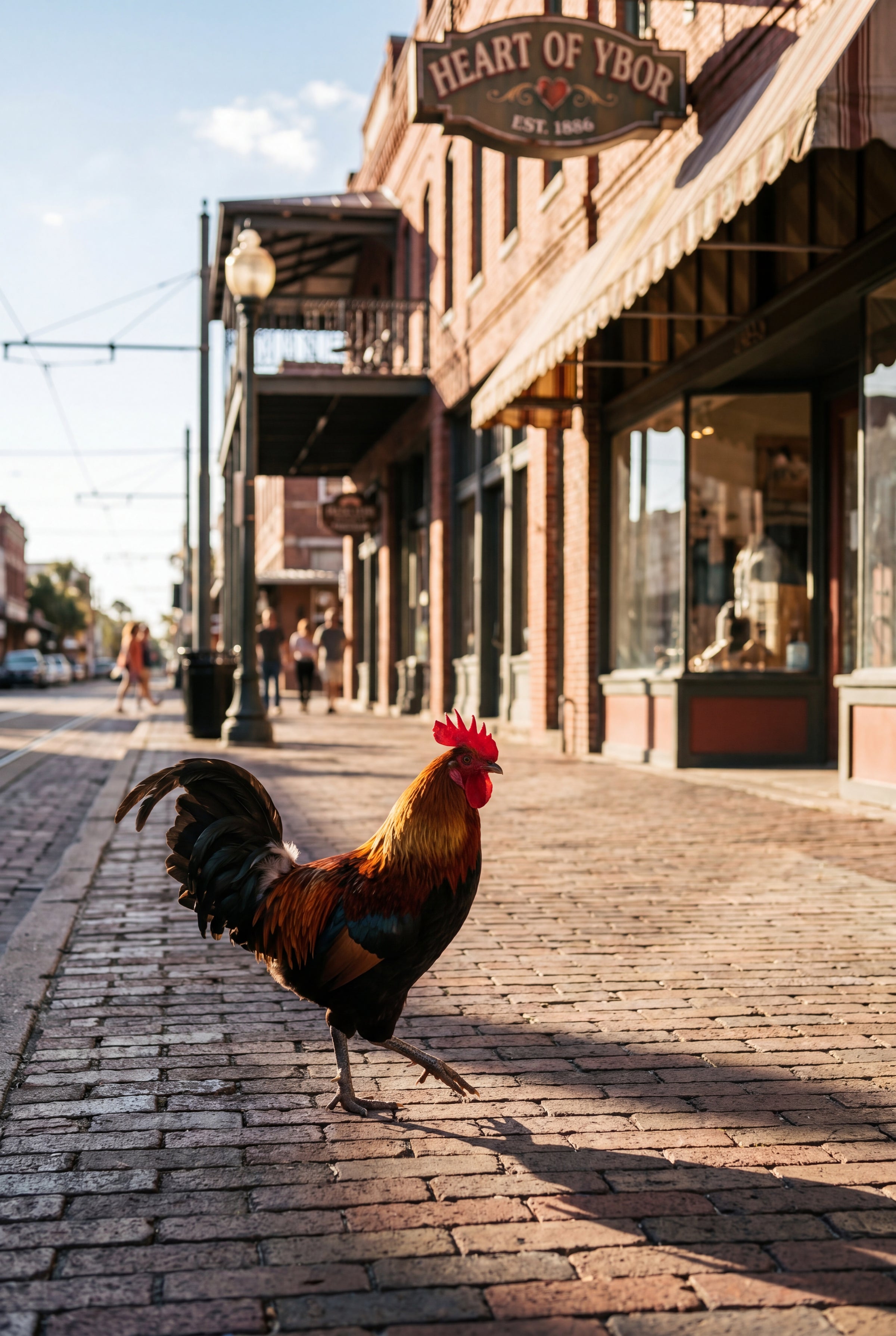 Free-roaming rooster on the brick streets of Ybor City